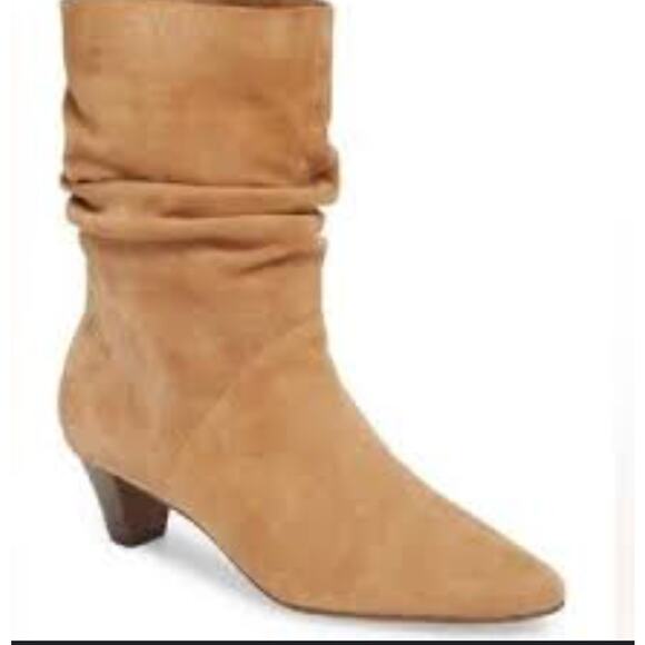 Splendid Slouchy Suede Boots 7.5 Tan Heel Glam Western Mid Calf Prep Academia - Picture 1 of 7